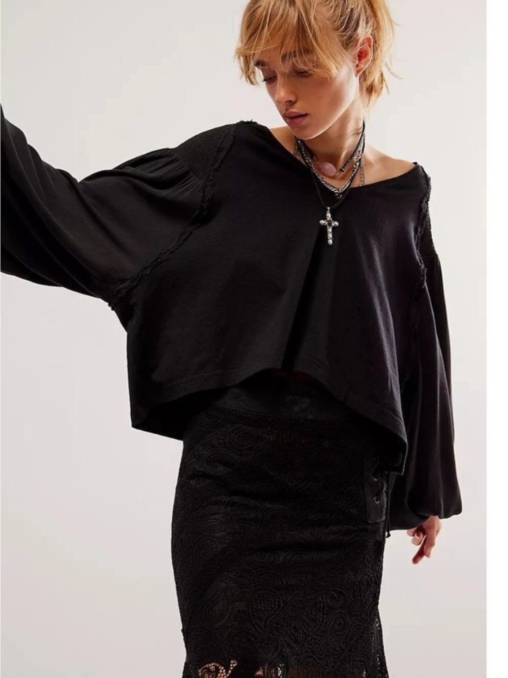 Free People Black Oversized V-Neck Balloon Sleeve Top long sleeve